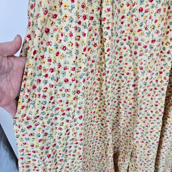 Midi A Line Dress Large Floral Yellow Button Pockets Boho Cottage Country Modest - Picture 5 of 10